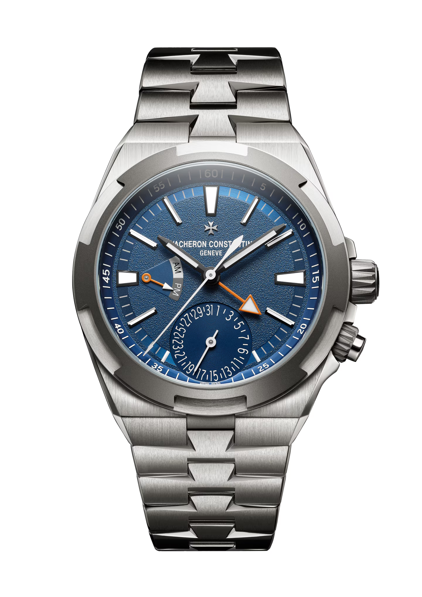 Stainless steel watch with blue dial, dual time zone subdial, orange triangular hand, and brushed metal bracelet.