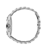Silver stainless steel watch with round case, segmented bracelet, and circular dial viewed from the side.