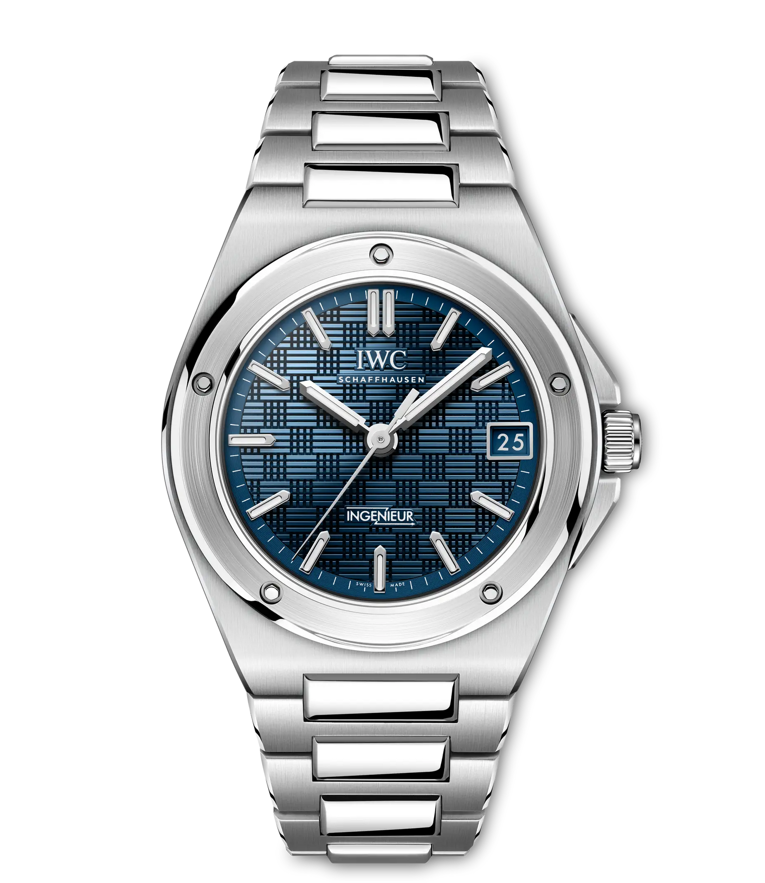 Silver stainless steel watch with blue dial, date window, and integrated bracelet.