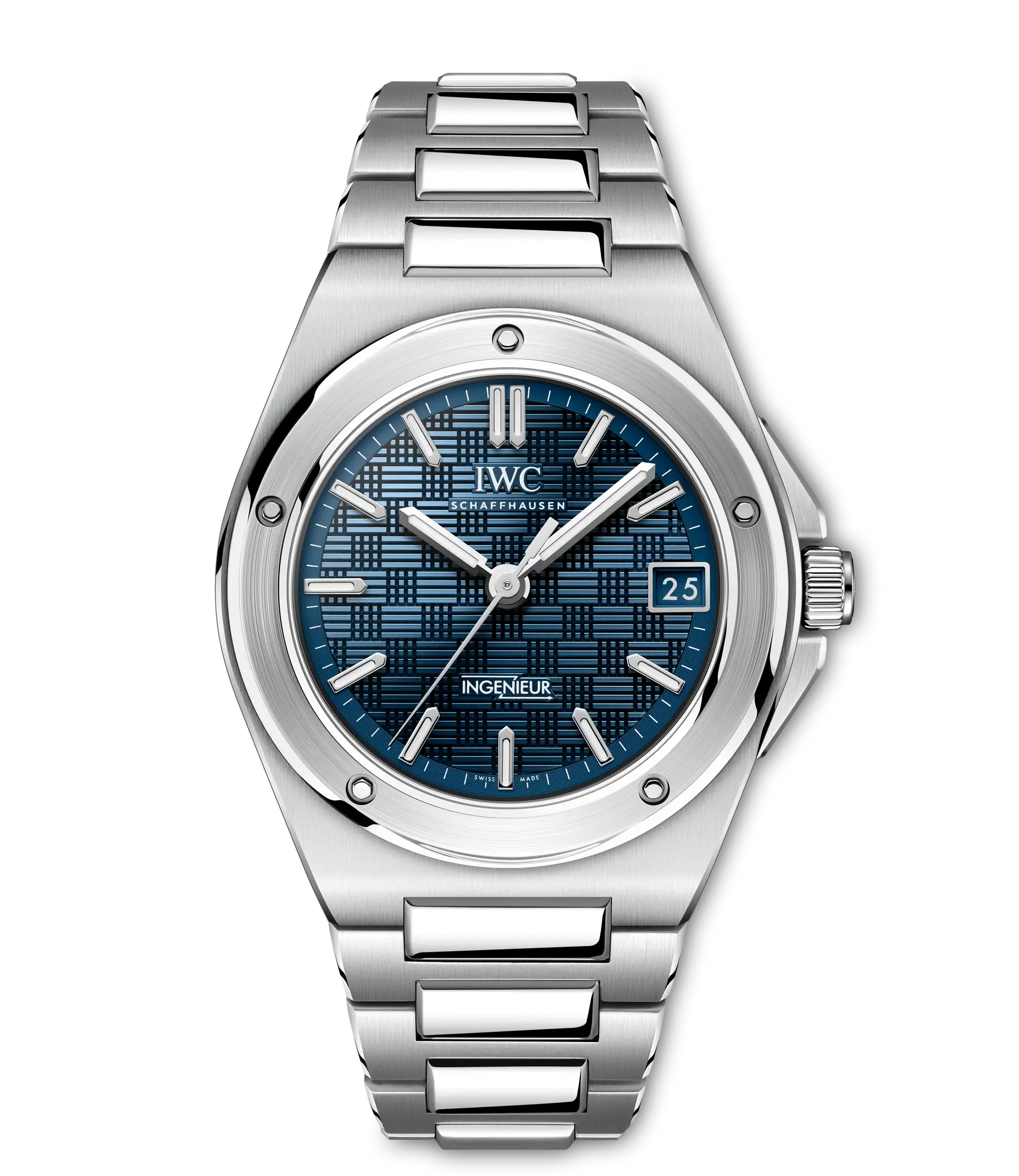 Silver stainless steel watch with blue dial, date window, and integrated bracelet.