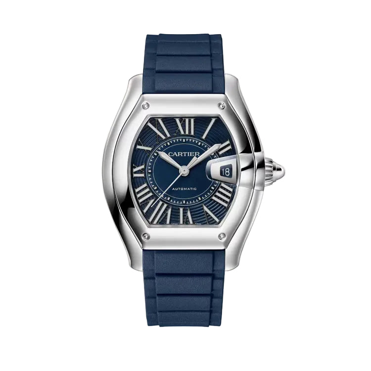 Cartier watch with blue strap and navy dial on a light beige background