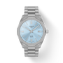 Silver Tissot watch with a light blue face on a white background