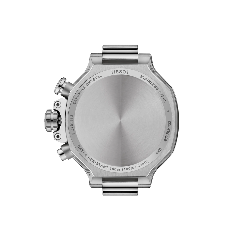 Silver Tissot watch face on a white background