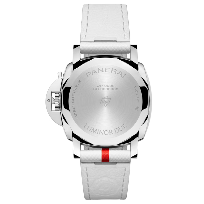 The Panerai Luminor Due Luna Rossa features engraved branding on its back, a white textured leather strap with a red stripe, and runs on the P.900 calibre automatic movement with a 3-day power reserve.