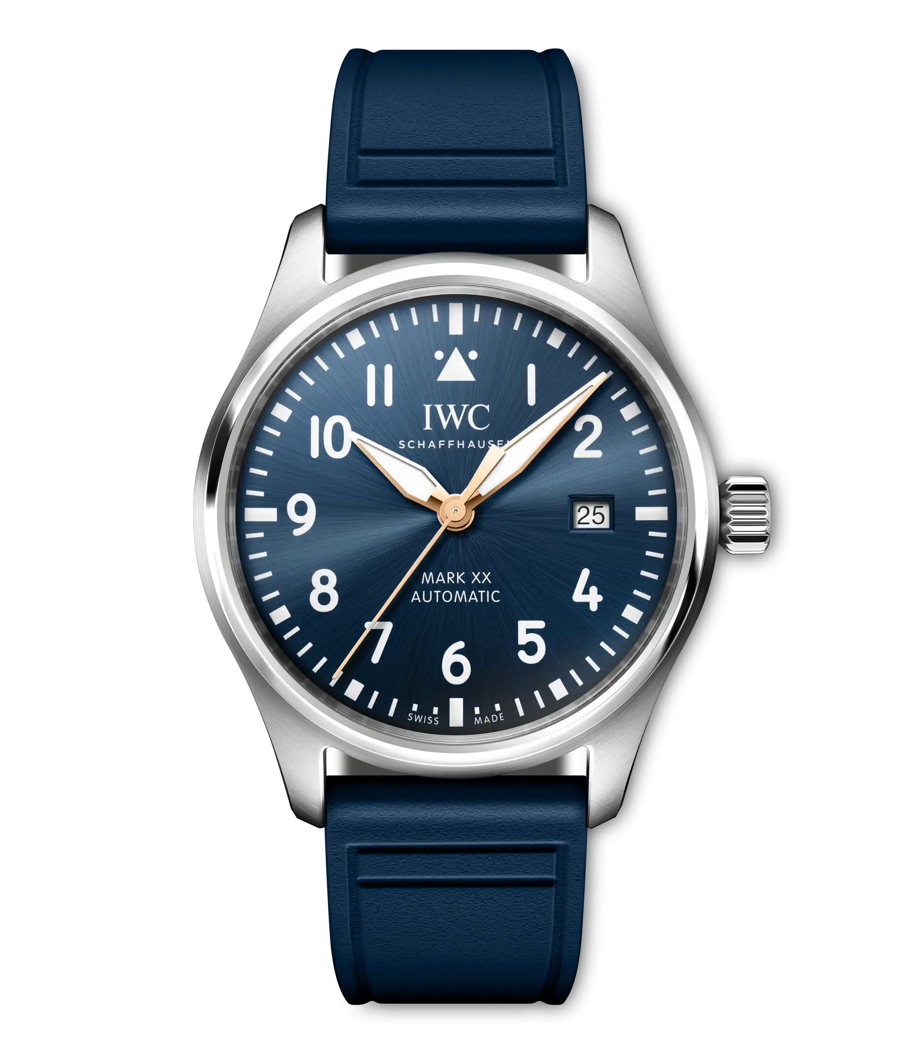 Stainless steel pilot's watch with dark blue dial, Arabic numerals, date window, rose gold hands, and navy rubber strap.