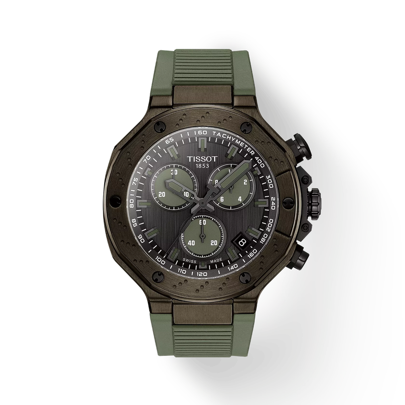 Green Tissot watch on a white background