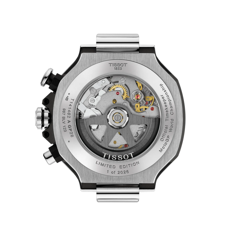Tissot watch with mechanical components on a white background
