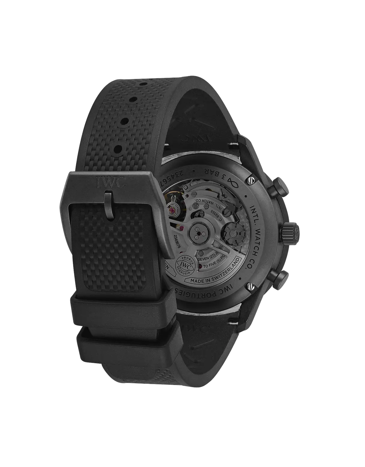 Black watch with visible mechanical components on a white background