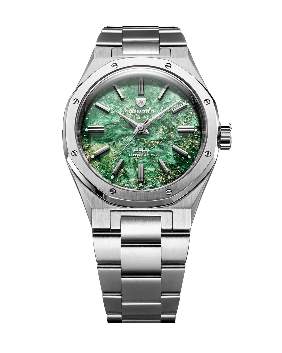 Stainless steel automatic watch with green aventurine dial, silver indexes, and matching metal bracelet.