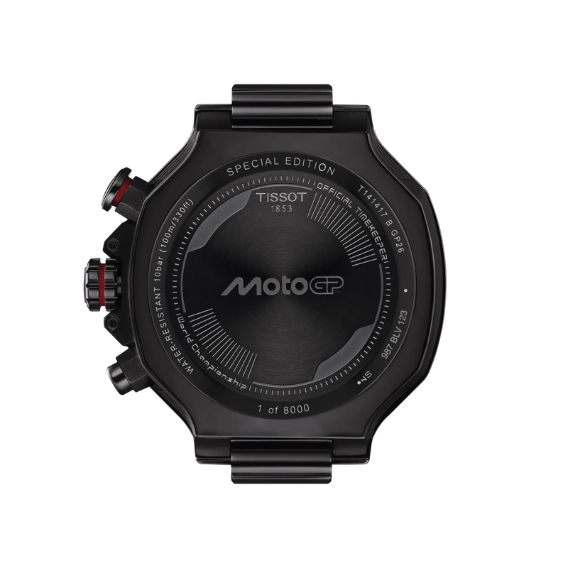 Black Tissot watch with MotoGP logo on a white background