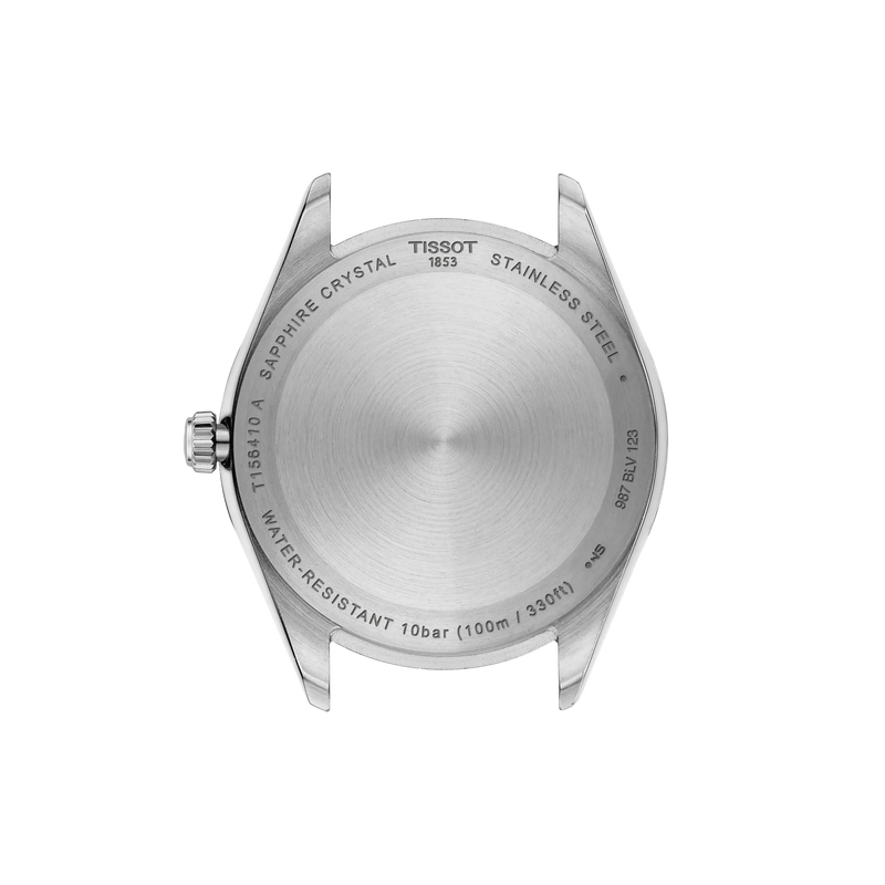 Back view of a Tissot watch with brand name and specifications on a white background