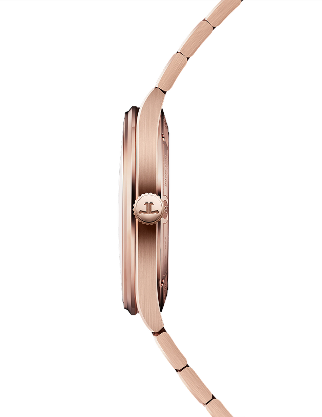 Pink gold watch with brushed case, round crown, and linked bracelet shown in side profile.