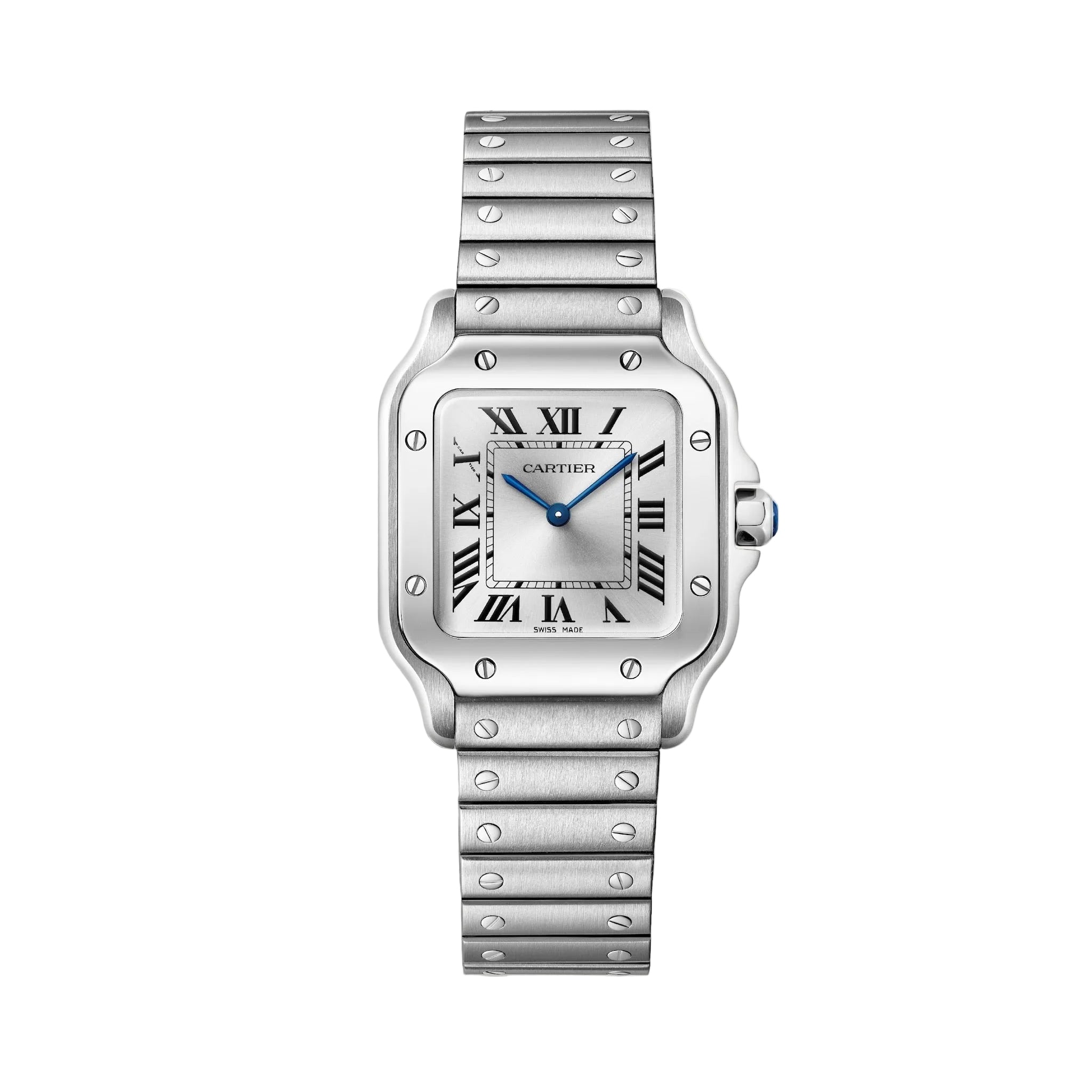 The Santos De Cartier is a silver wristwatch by Cartier featuring a square face, Roman numerals, and a metal link band.