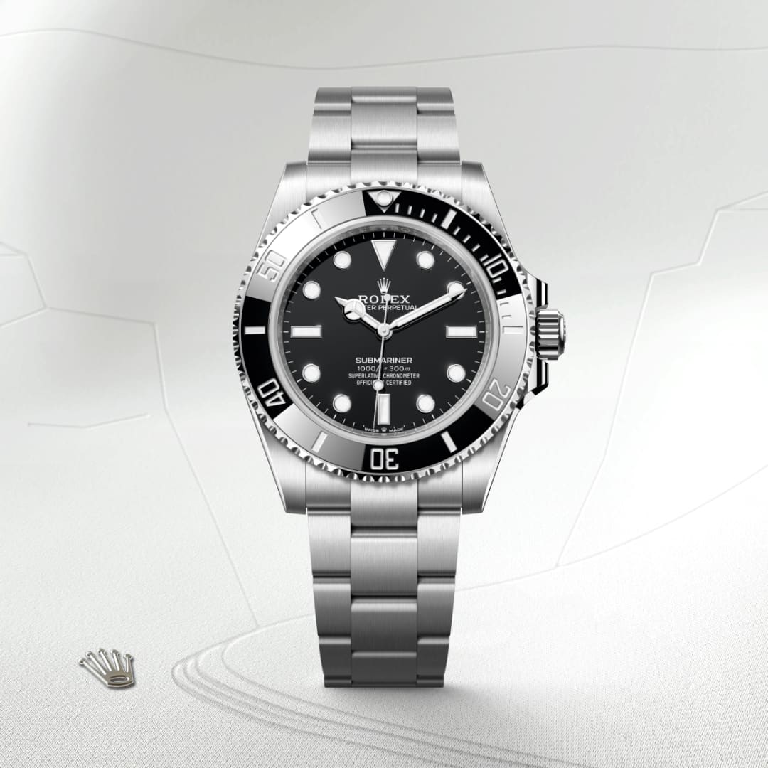 A silver Rolex Submariner watch with a black dial and bezel on a light textured background.