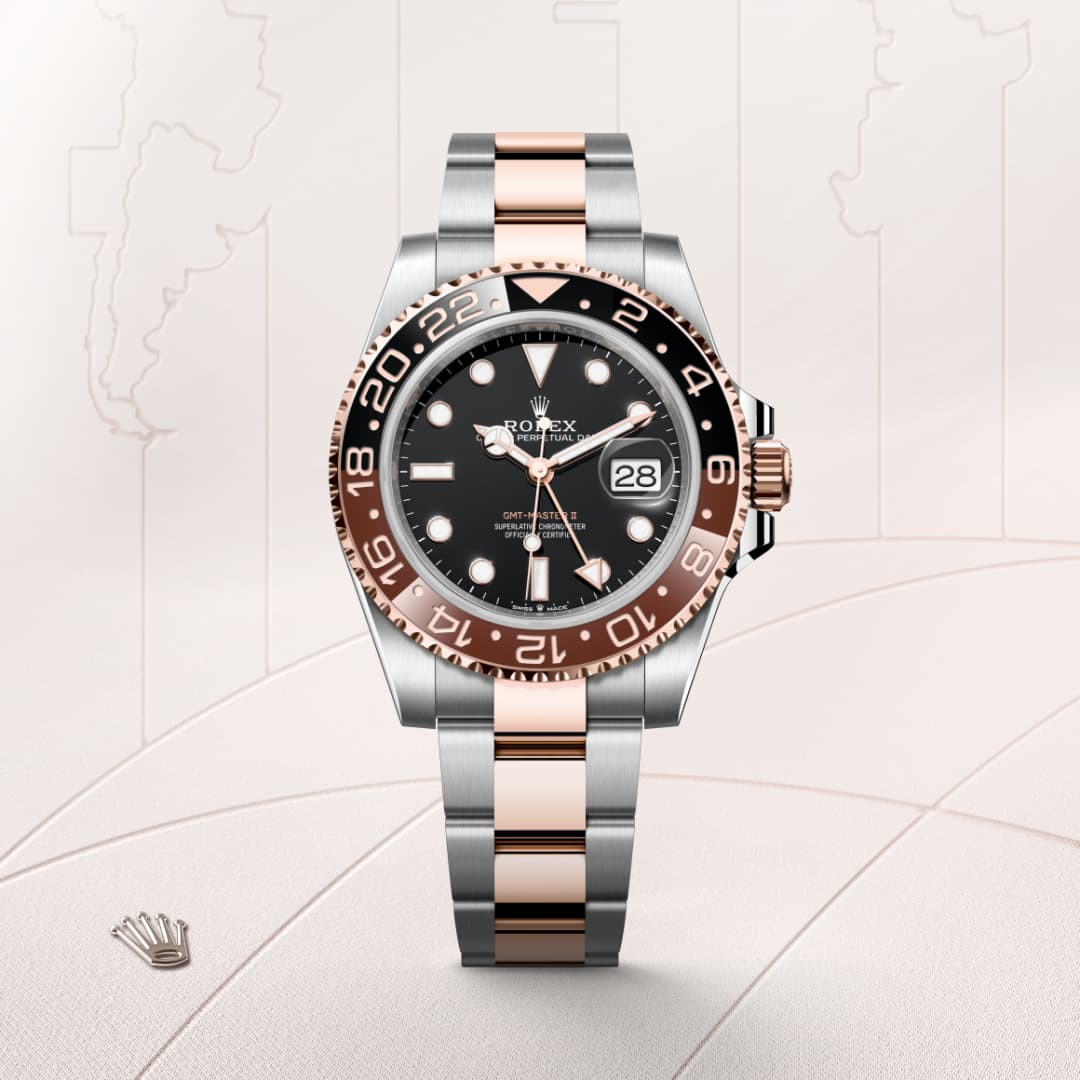 A two-tone Rolex GMT-Master II watch with a black dial and date displayed at 3 oclock.