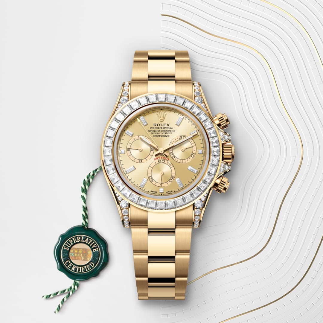 A gold Rolex watch with diamond accents on a patterned background, with a green Superlative Certified tag.