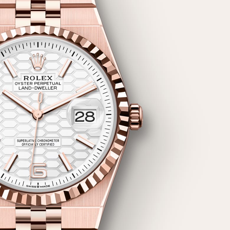 Close-up of a Rolex Oyster Perpetual Land-Dweller watch with a white hexagonal-patterned dial and rose gold accents.