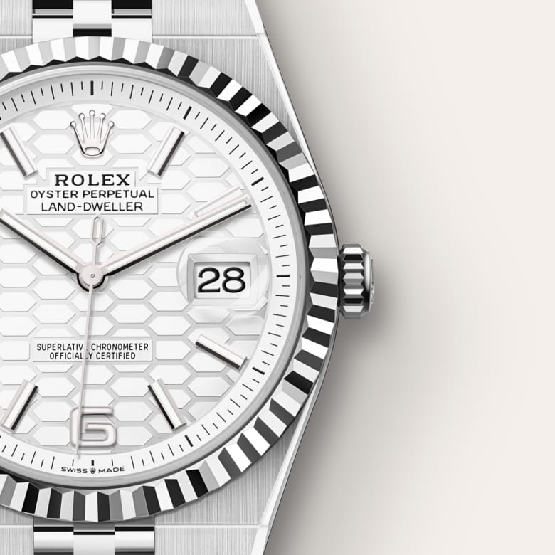 Close-up of a Rolex Oyster Perpetual Land-Dweller watch with a white honeycomb-pattern dial and date display.