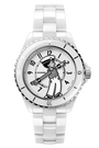 The Chanel Mademoiselle J12 La Pausa is a limited edition white ceramic watch featuring a cartoon sailor on the dial, whose arms serve as hour and minute hands. It has a matching white bezel and bracelet with sleek silver accents.