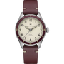 Hamilton watch with maroon strap and face on a white background