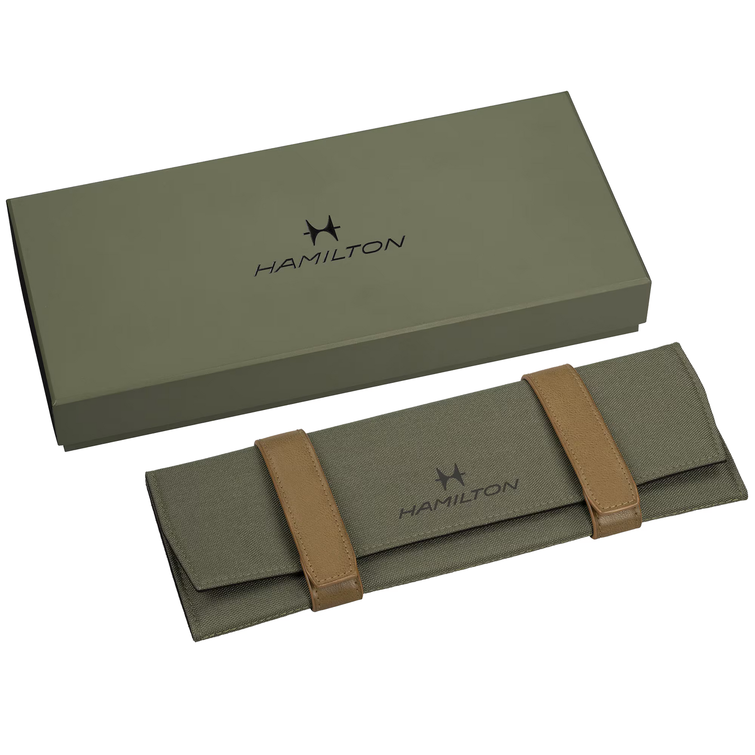 Hamilton watch box with a green case and brown strap on a white background