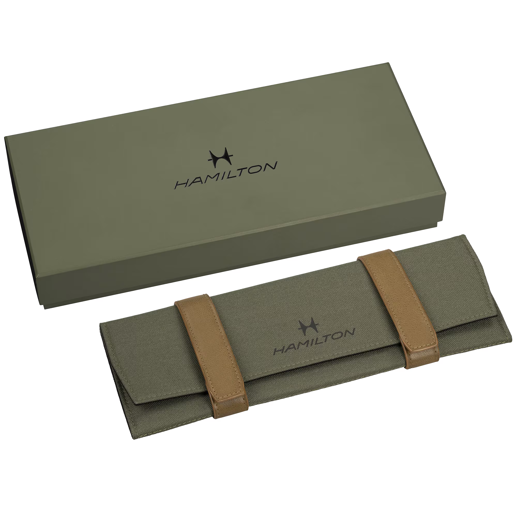 Hamilton watch box with a green case and brown strap on a white background