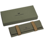 Hamilton watch box with a green case and brown strap on a white background