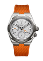 Stainless steel watch with silver dial, orange rubber strap, dual time zone display, and cardinal point indicators.