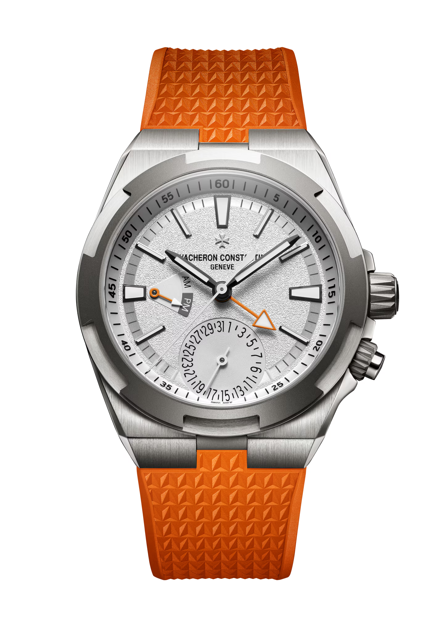 Stainless steel watch with silver dial, orange rubber strap, dual time zone display, and cardinal point indicators.