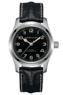 The Hamilton Khaki Field Murph Auto features a black dial with beige numerals and a black leather strap with white stitching.