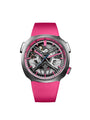 Watch with pink strap and transparent face on a white background