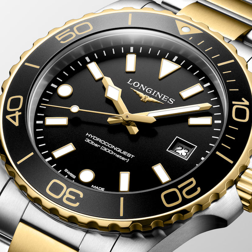 HydroConquest | 42mm, Stainless Steel & yellow PVD, Black Dial
