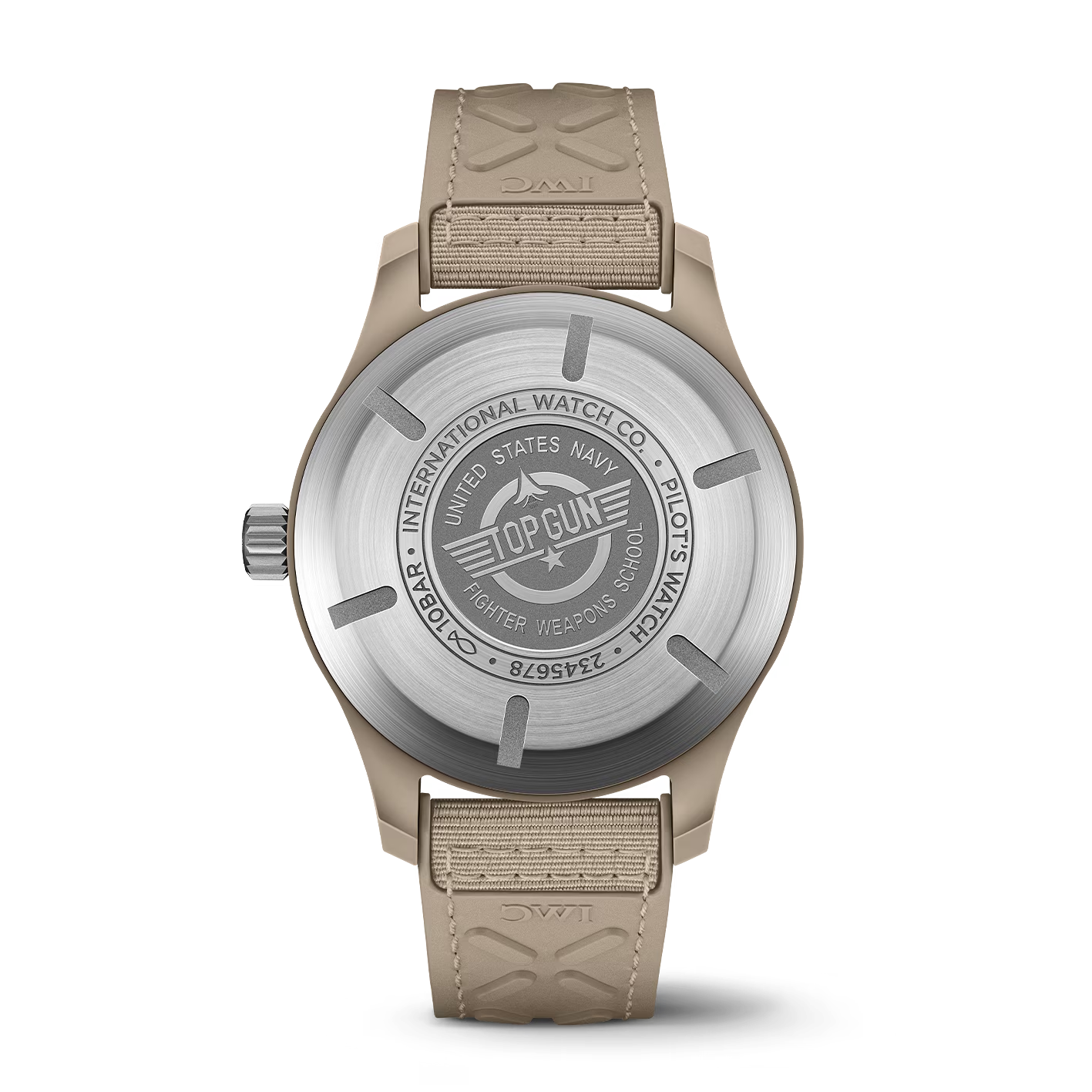 IWC Pilot's Watch TOP GUN Mojave Desert watch with brown strap and detailed engraving on the case back