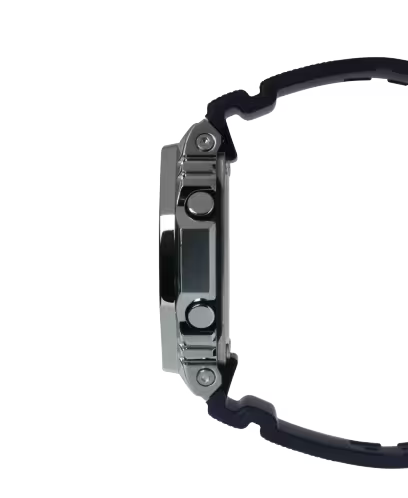 Black digital watch with square face and black rubber band shown from the side.