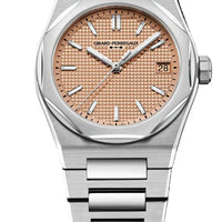 Silver watch with a pinkish-brown dial on a white background