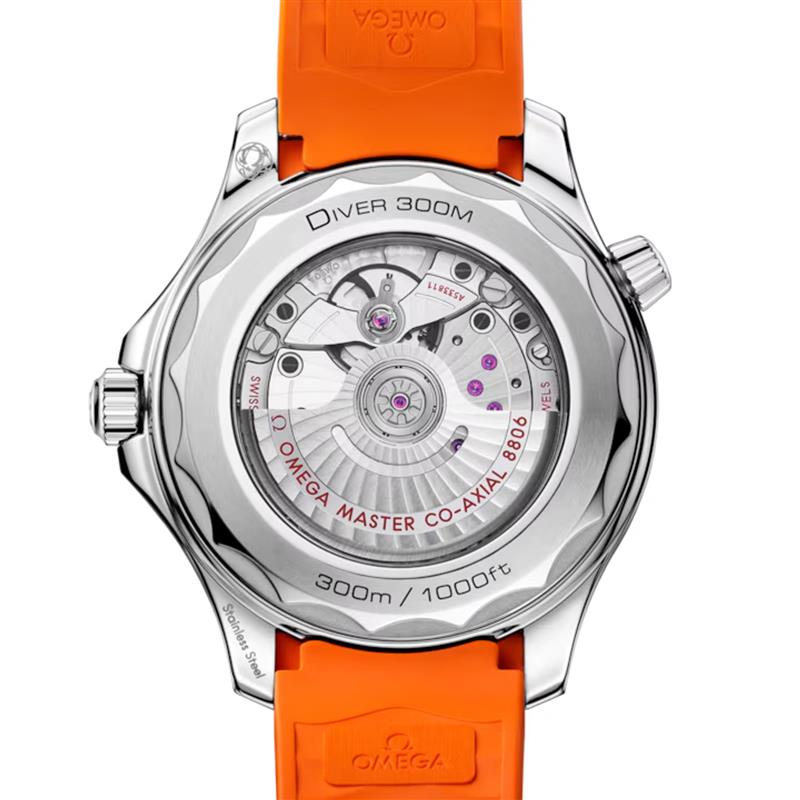 Back view of the OMEGA Seamaster Diver 300 with an orange strap, displaying its exposed mechanical movement.
