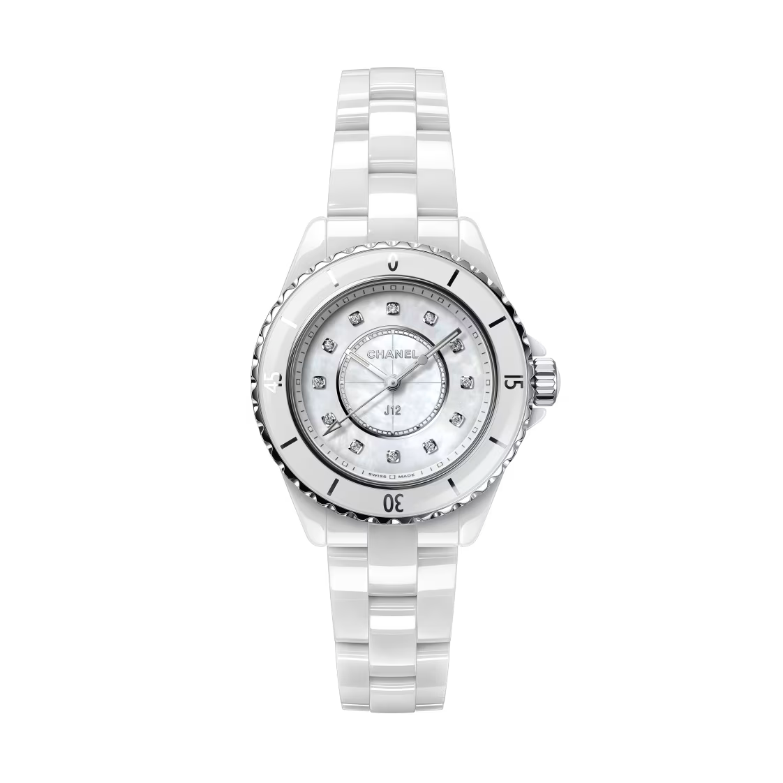 The Chanel J12 is a luxury watch with a glossy white ceramic and steel bracelet, round bezel with silver accents, and a white dial featuring diamond hour markers.