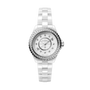 The Chanel J12 is a white ceramic wristwatch with a diamond bezel, silver accents, and a white dial set with diamond hour markers, featuring an elegant bracelet design.