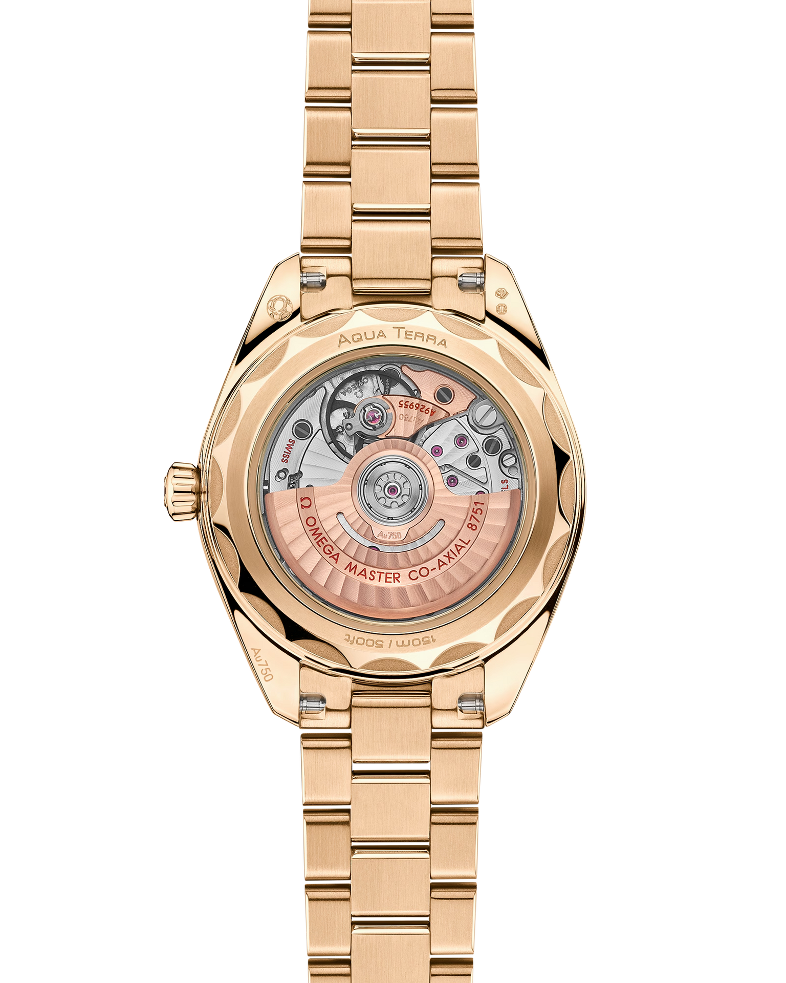 OMEGA Seamaster Aqua Terra 150M 30mm, Moonshine™ gold on Moonshine™ gold Watch with a transparent caseback on a Moonshine™ gold integrated bracelet.