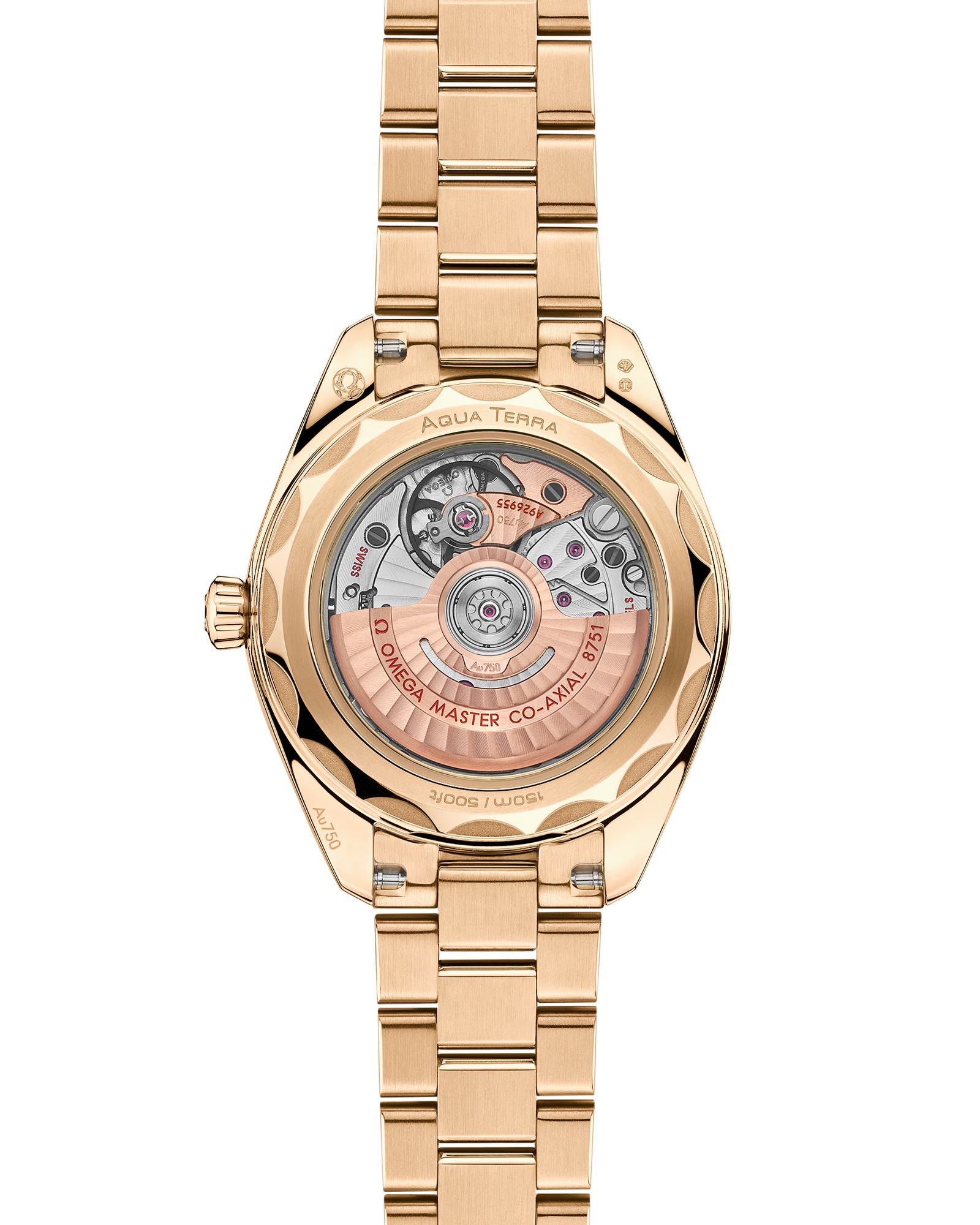 OMEGA Seamaster Aqua Terra 150M 30mm, Moonshine™ gold on Moonshine™ gold Watch with a transparent caseback on a Moonshine™ gold integrated bracelet.