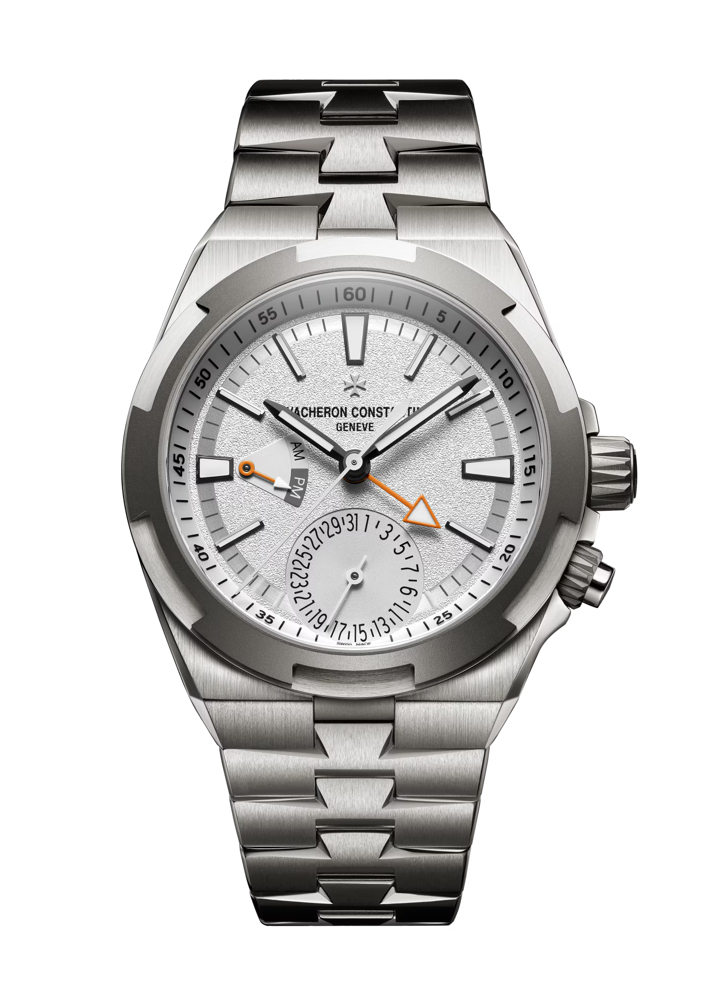 Silver stainless steel watch with white dial, dual time subdial, orange hands, and cardinal point markers.