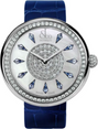 Round watch with silver case, diamond bezel, white dial, blue sapphire hour markers, and navy crocodile leather strap.