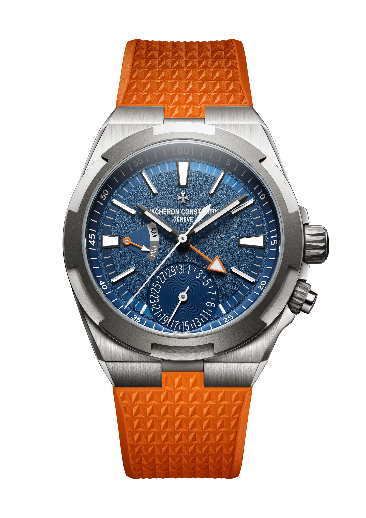 Stainless steel watch with blue dial, orange rubber strap, dual time zone subdial, and orange triangle hand indicator.
