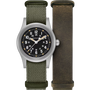 Watch with green strap and black dial on a white background