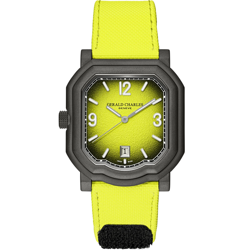 The Gerald Charles Maestro GC Sport Tennis Limited Edition is a square-faced watch with a bright yellow strap and dial, black case, and white numerals and hands.