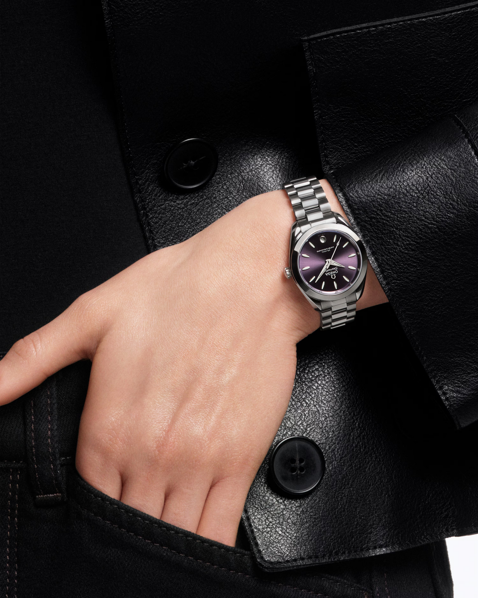 Model wearing OMEGA Seamaster Aqua Terra 150M 30mm Steel on Steel Lavender Dial Watch