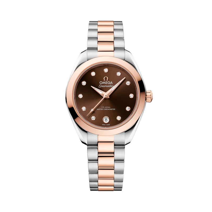 OMEGA Seamaster Aqua Terra 150M 30mm, Sedna™ gold on steel, Sedna™ gold Bezel, Brown Dial Watch with Diamond Markers on a Sedna™ gold on steel integrated two-tone bracelet.