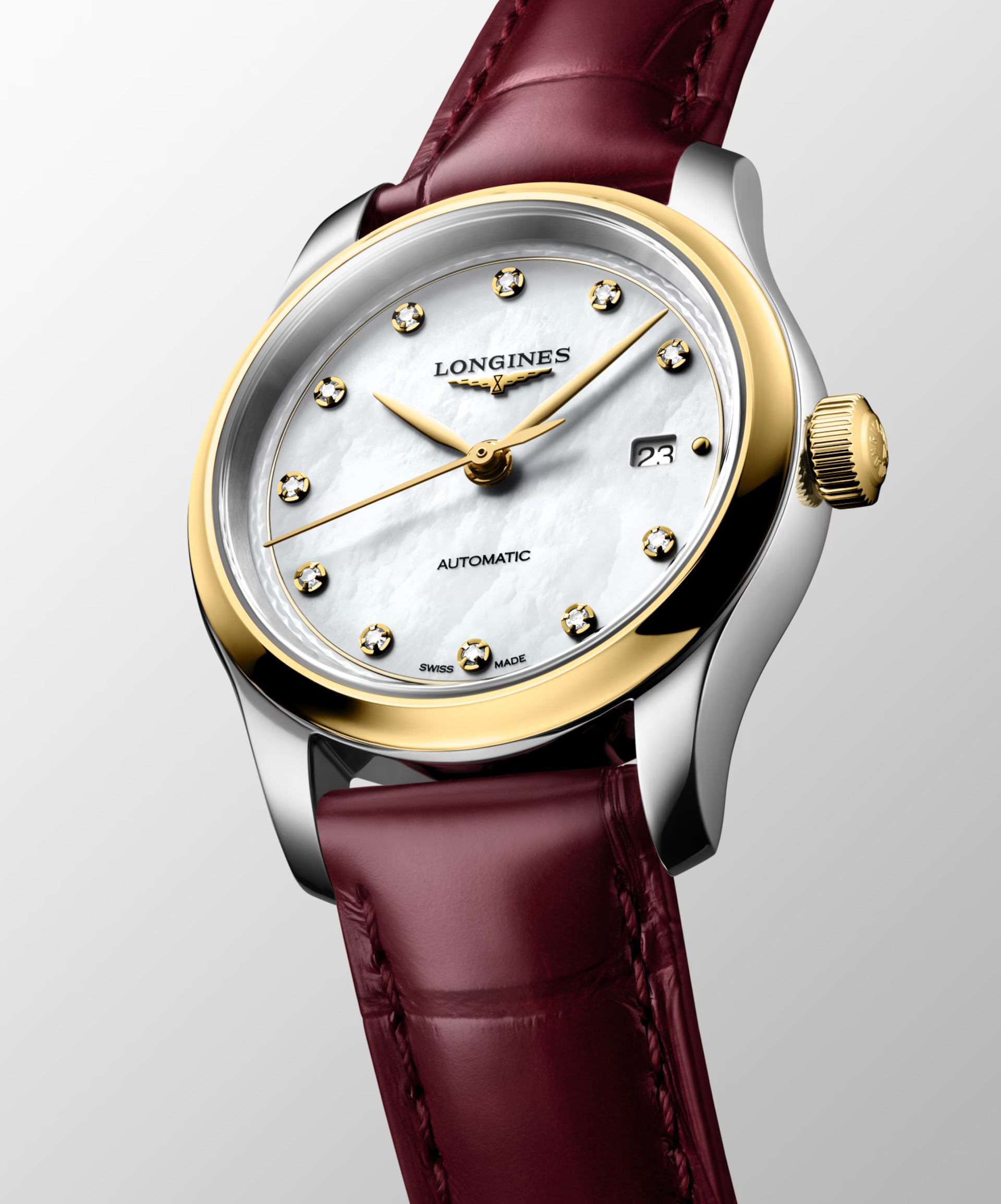 Master | 30mm, Stainless Steel and 18K Yellow Gold, White mother-of-pearl Dial, Bordeaux Alligator Leather, Womens Watch
