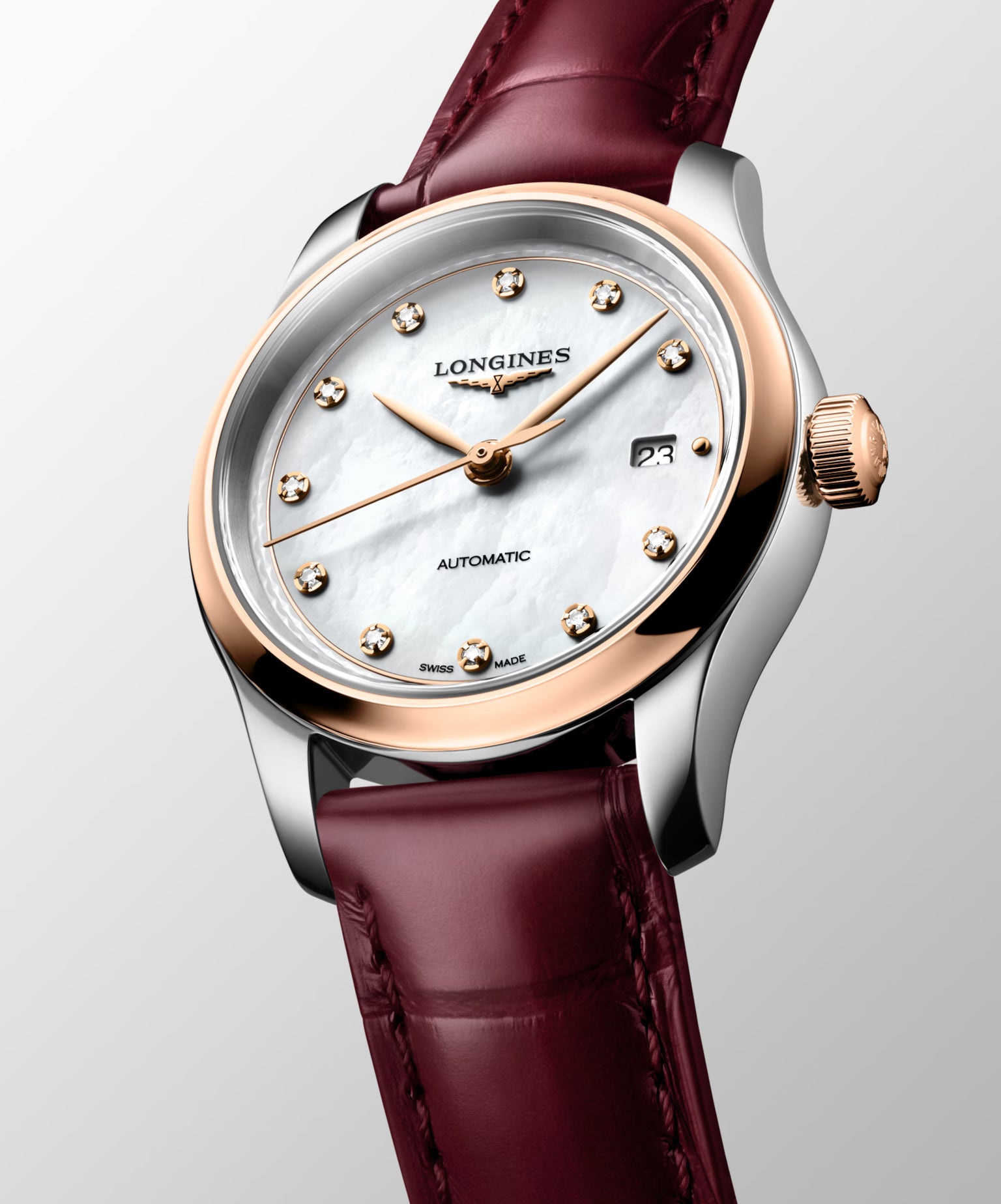Master | 30mm, Stainless Steel and 18K Rose Gold, White mother-of-pearl Dial, Bordeaux Alligator Leather, Womens Watch