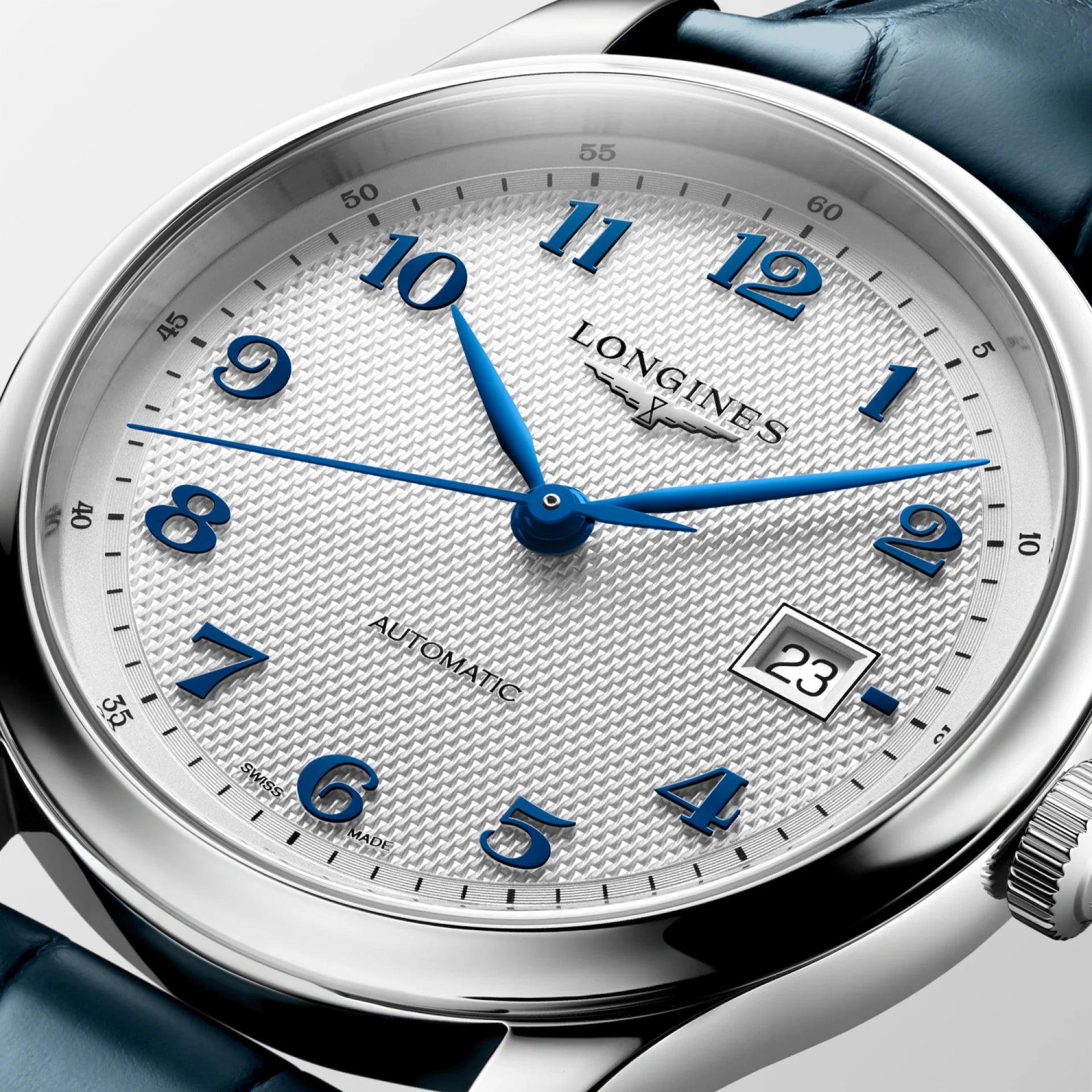 Master | 41mm, Stainless Steel, Silver "barleycorn" Dial, Blue Alligator Leather, Mens Watch